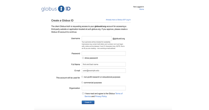 Globus ID creation form with username, password, name, email, and organization fields