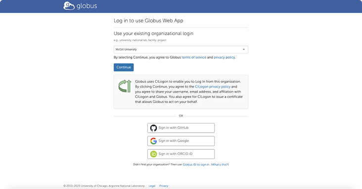Globus institutional login screen with the organization drop-down and Continue button