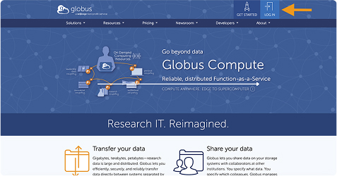 Globus homepage with the Log In button highlighted