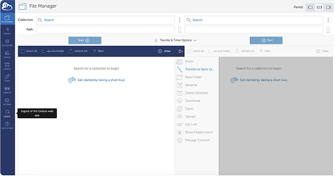 Globus File Manager with the account menu open showing the log out option