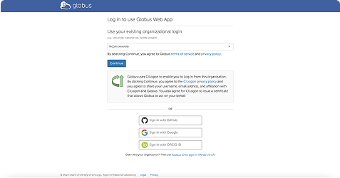 Globus institutional login screen used to return to login with existing credentials