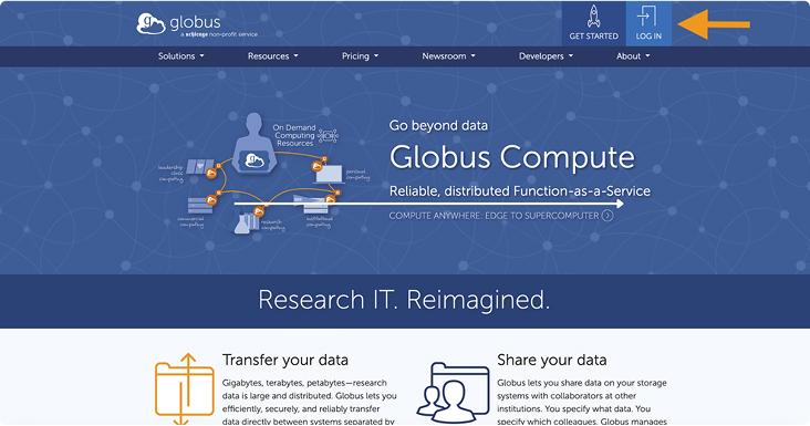 Globus homepage with the Log In button highlighted